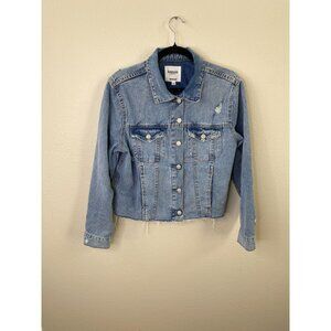 Kensie Womens Distressed Denim Jacket M Classic Medium Wash Cropped Frayed Hem